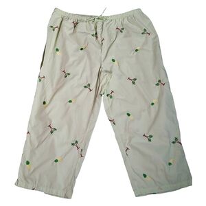 Novelty Embroidered Pineapples Palms Cropped Cotton Lounge Casual Pajama Pant L